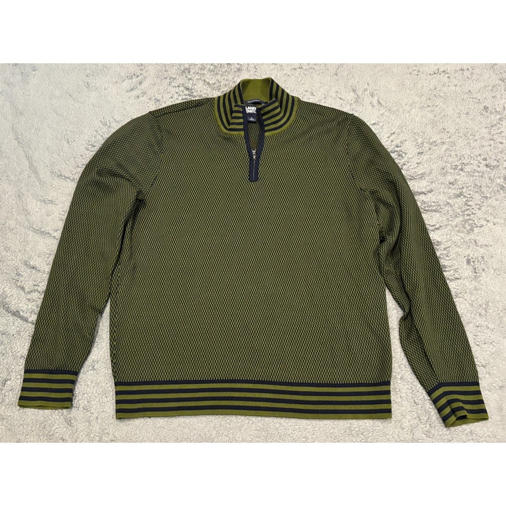 Lands End 1/4 Zip Pullover Sweater Mens L Green Blue Supima Cotton Long Sleeve